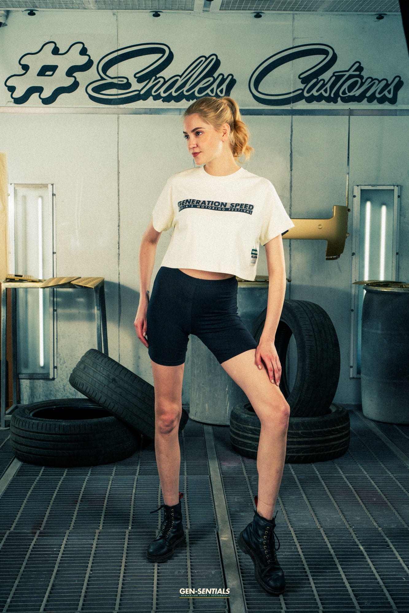 Generation Speed // Women’s Cropped Tech Tee – Boxy Fit (Green & Off-White)
