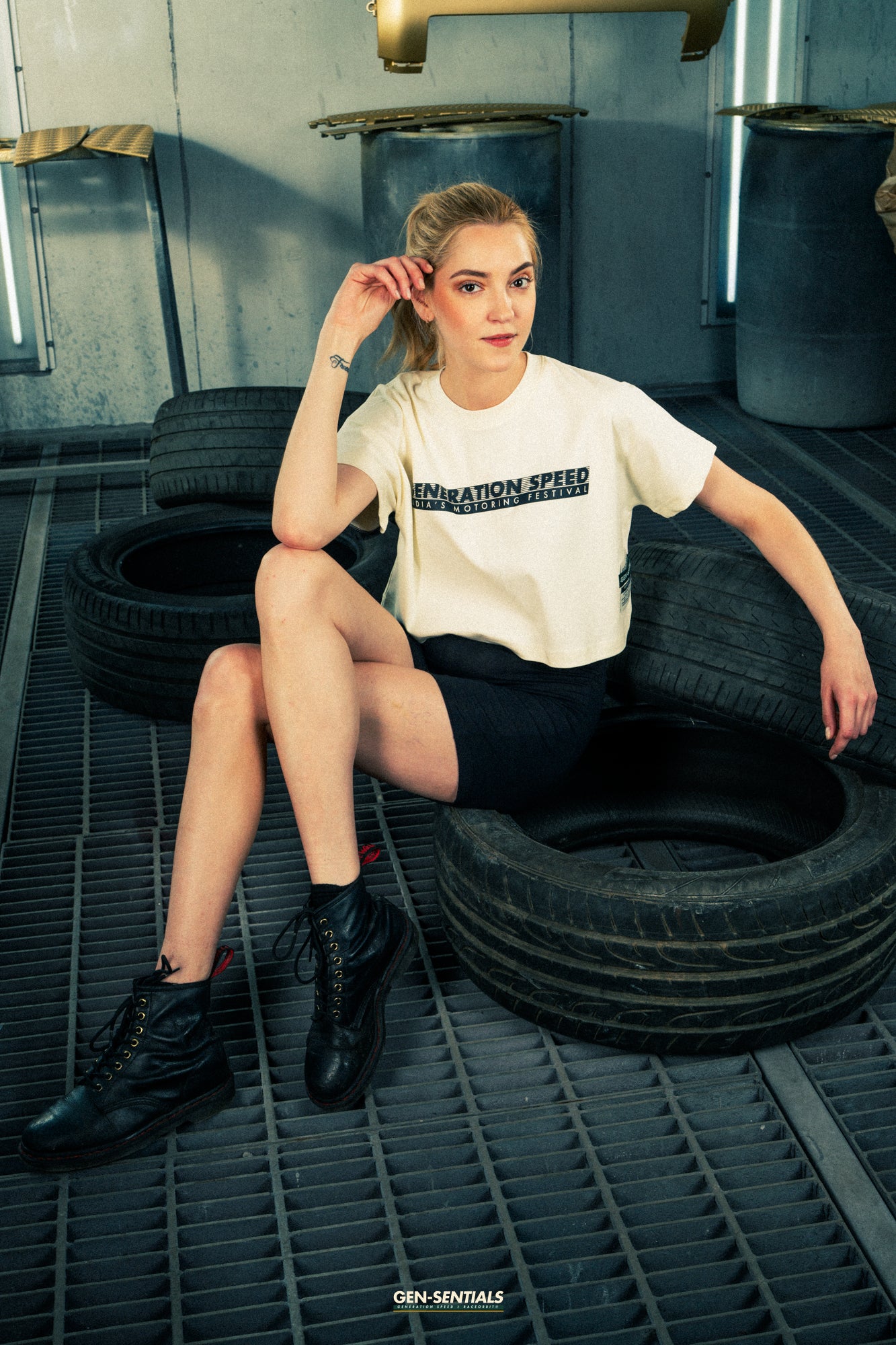 Generation Speed // Women’s Cropped Tech Tee – Boxy Fit (Green & Off-White)