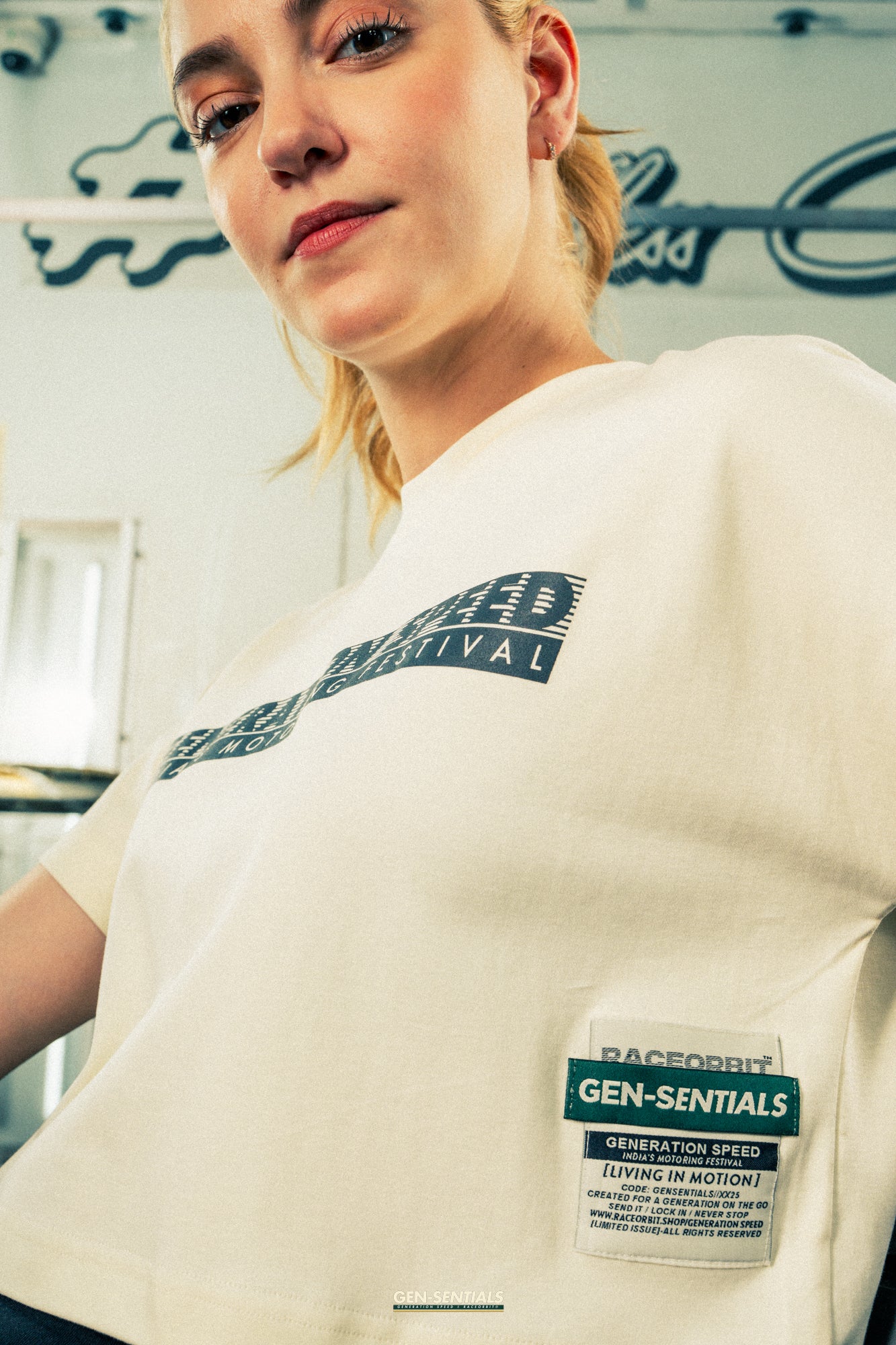 Generation Speed // Women’s Cropped Tech Tee – Boxy Fit (Green & Off-White)