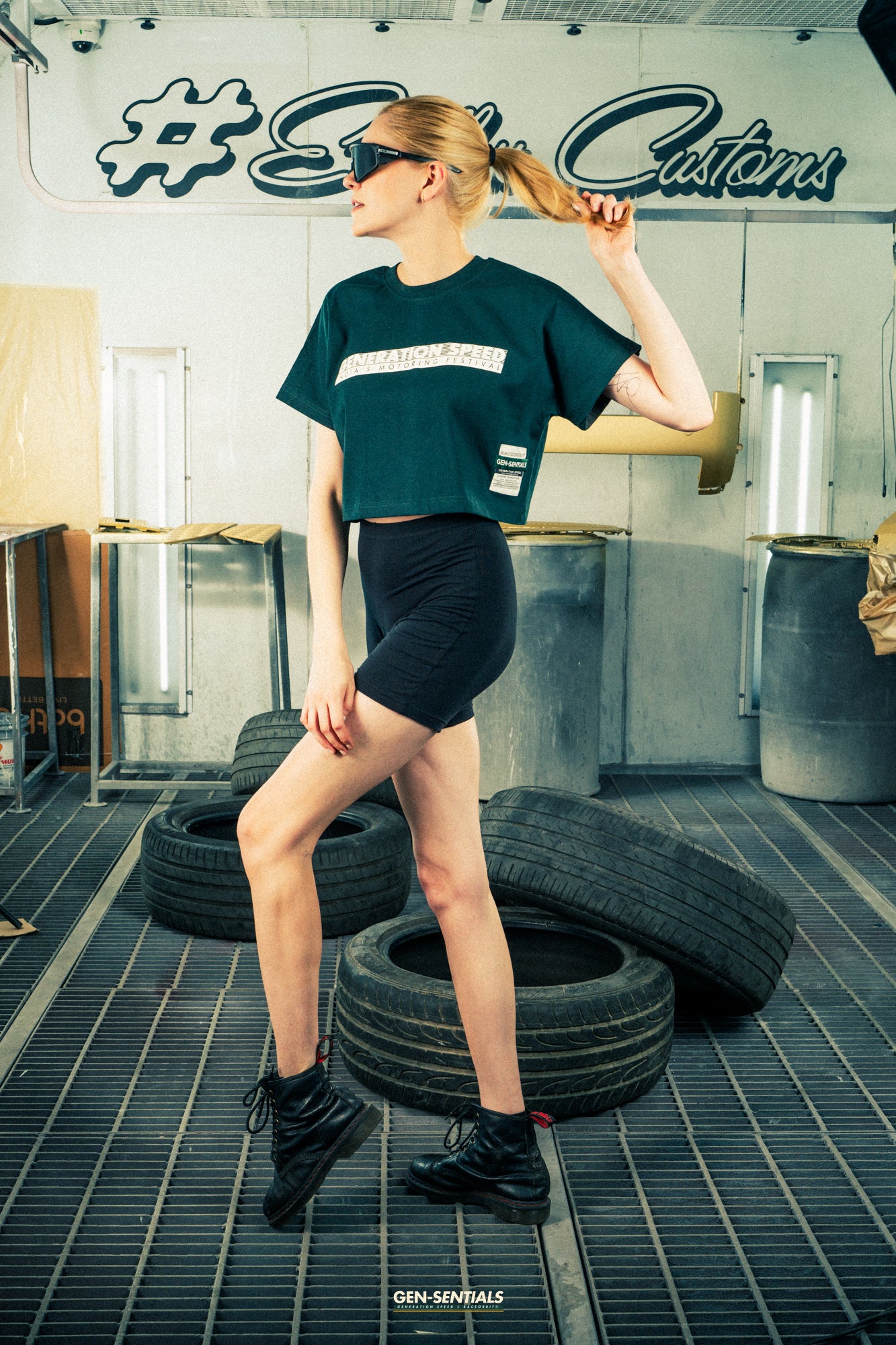 Generation Speed // Women’s Cropped Tech Tee – Boxy Fit (Green & Off-White)