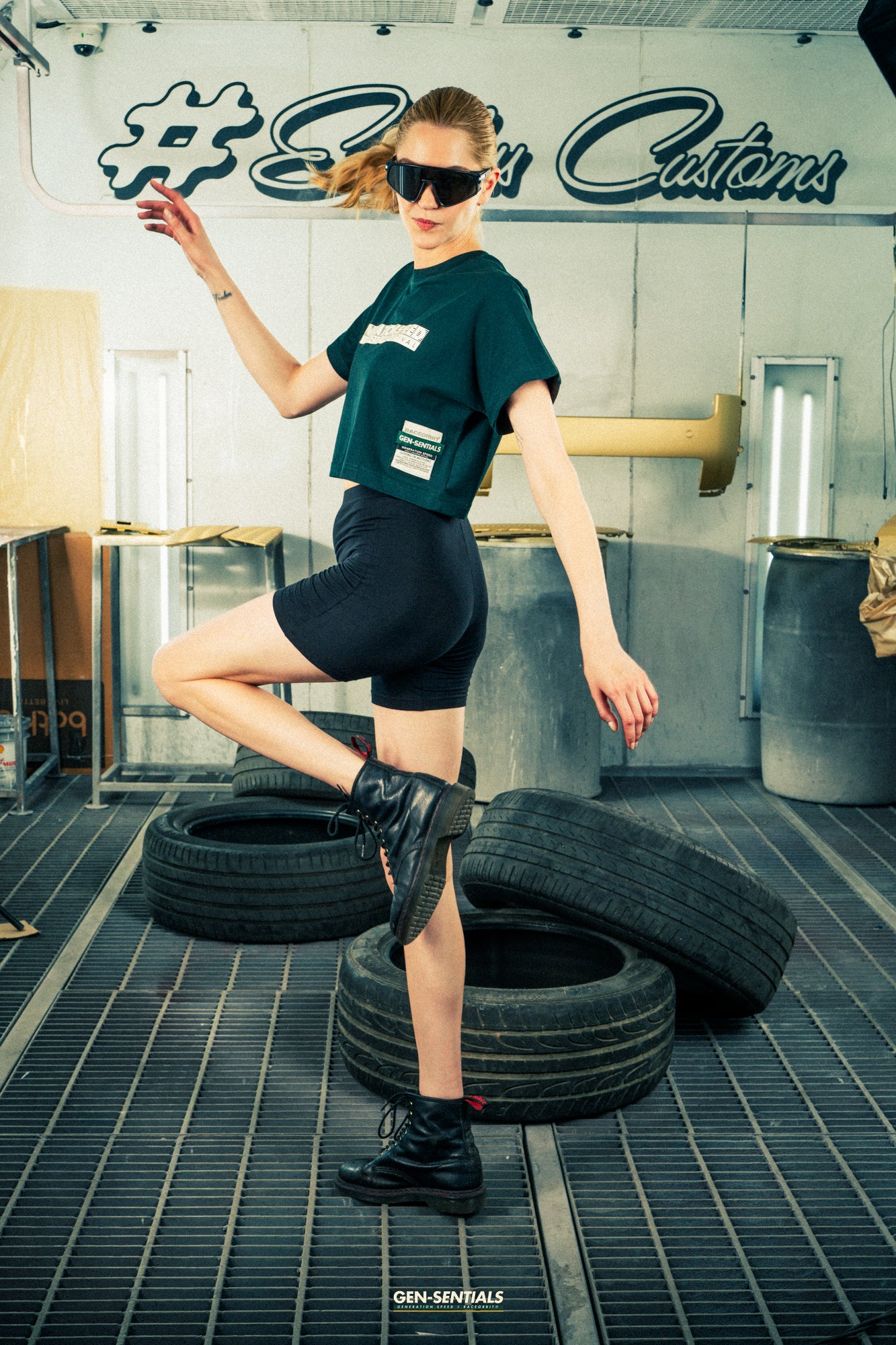 Generation Speed // Women’s Cropped Tech Tee – Boxy Fit (Green & Off-White)