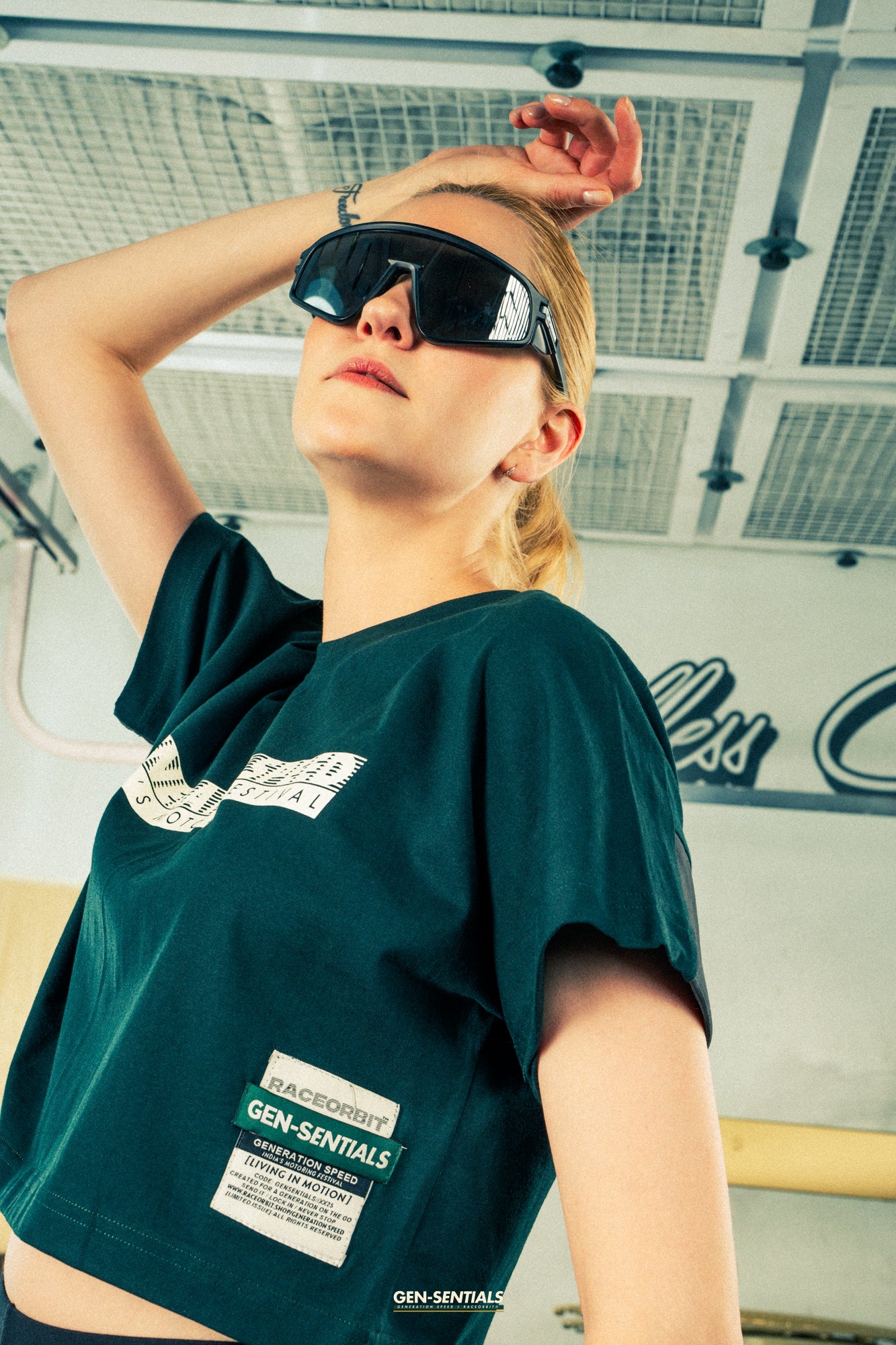 Generation Speed // Women’s Cropped Tech Tee – Boxy Fit (Green & Off-White)