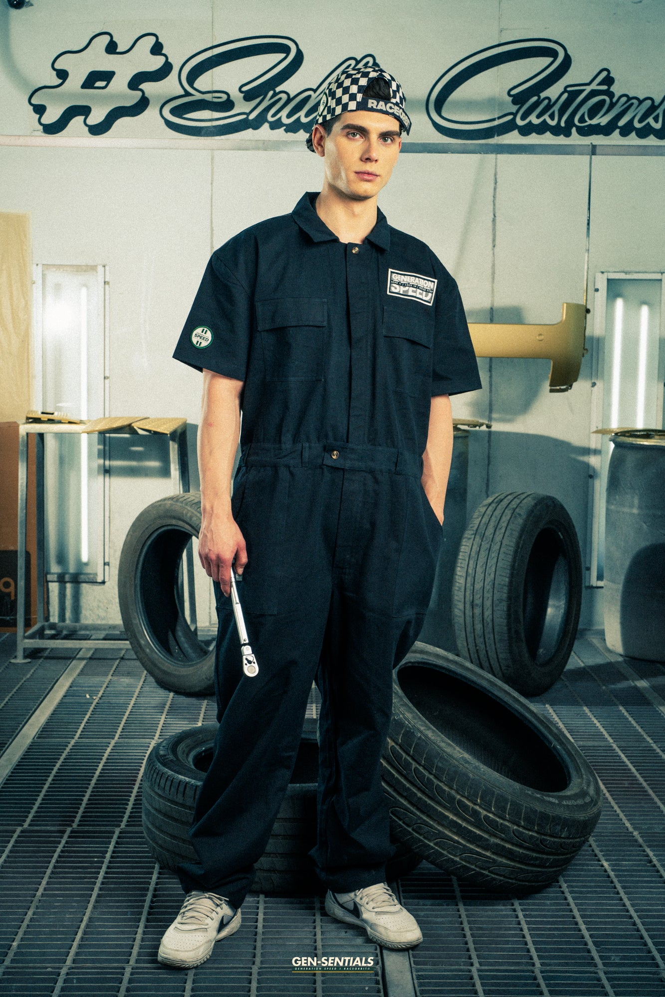 Generation Speed // Half-Sleeve Jumpsuit – Utility Edition (Black & Off-White)